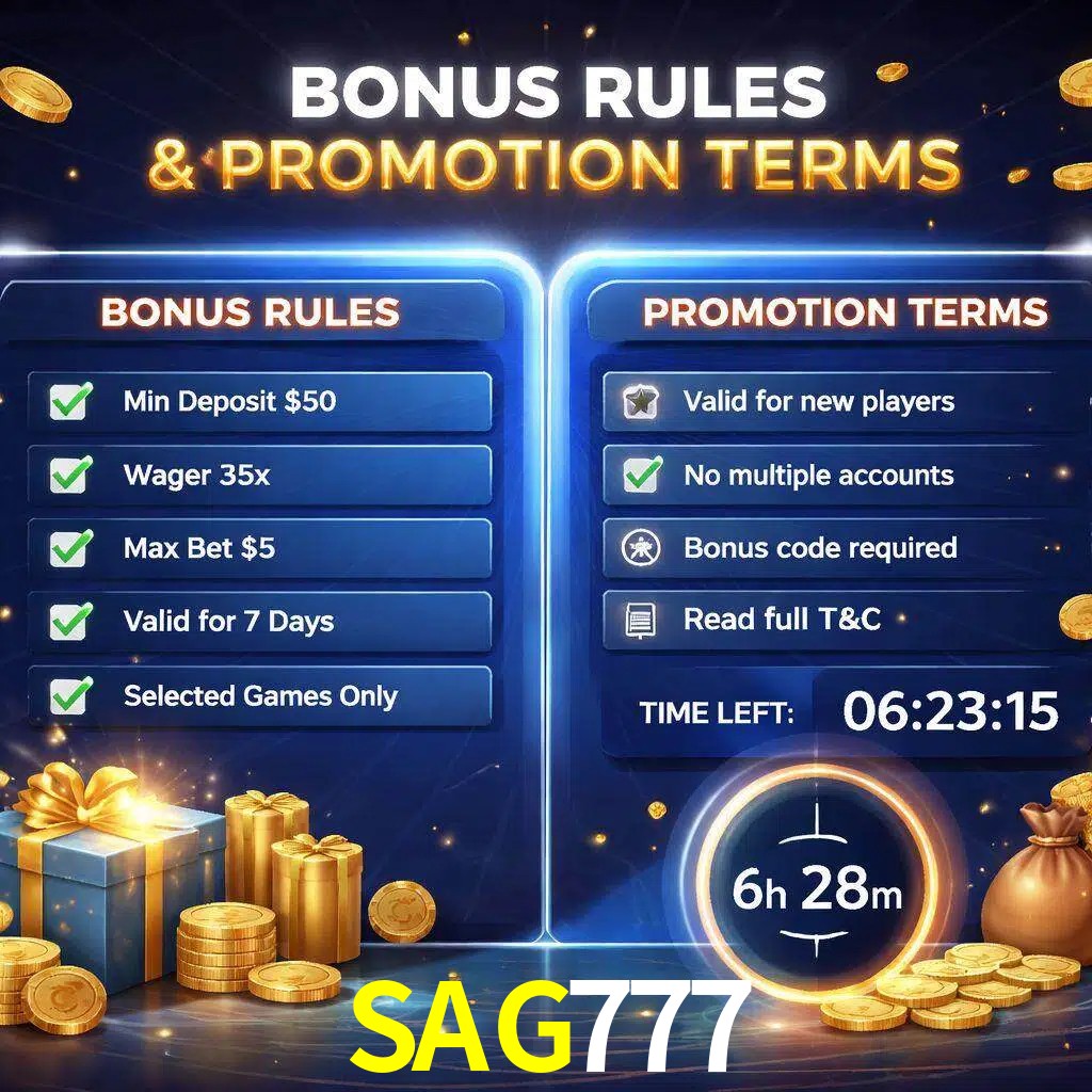 Reglas de promoción SAG777 y condiciones de bonos explicadas visualmente