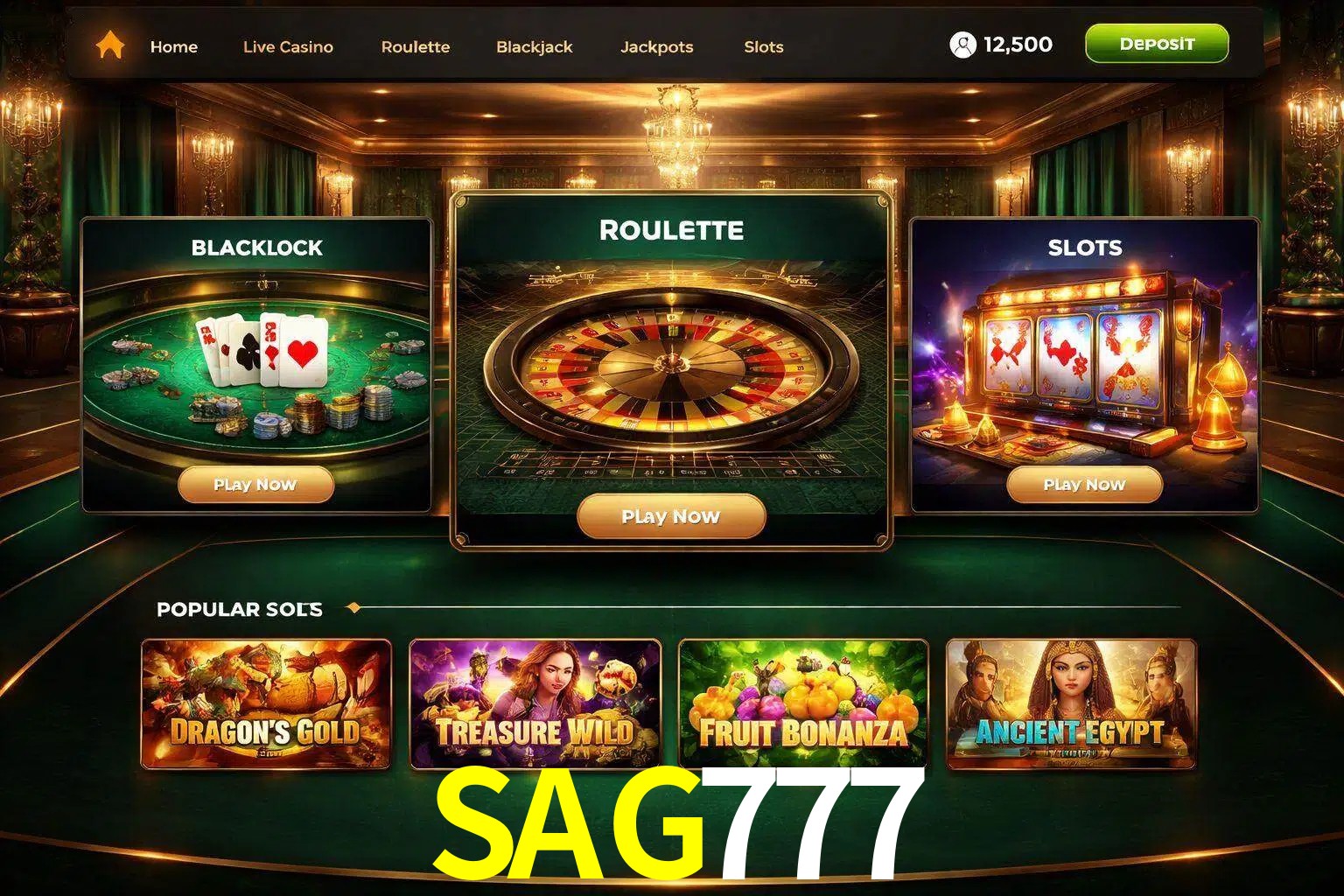 Vista de la plataforma SAG777 Casino mostrando categorías organizadas de juegos en línea