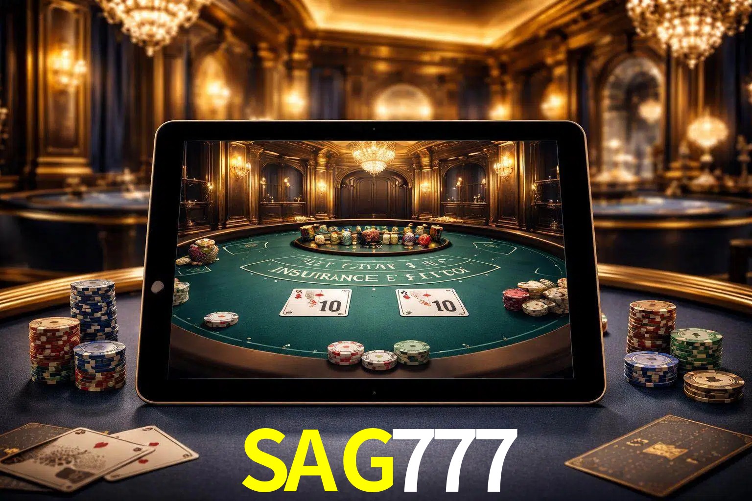 Configuración moderna de casino en vivo con una tableta mostrando una mesa de blackjack, luces cálidas de estudio y una atmósfera elegante de juegos digitales.