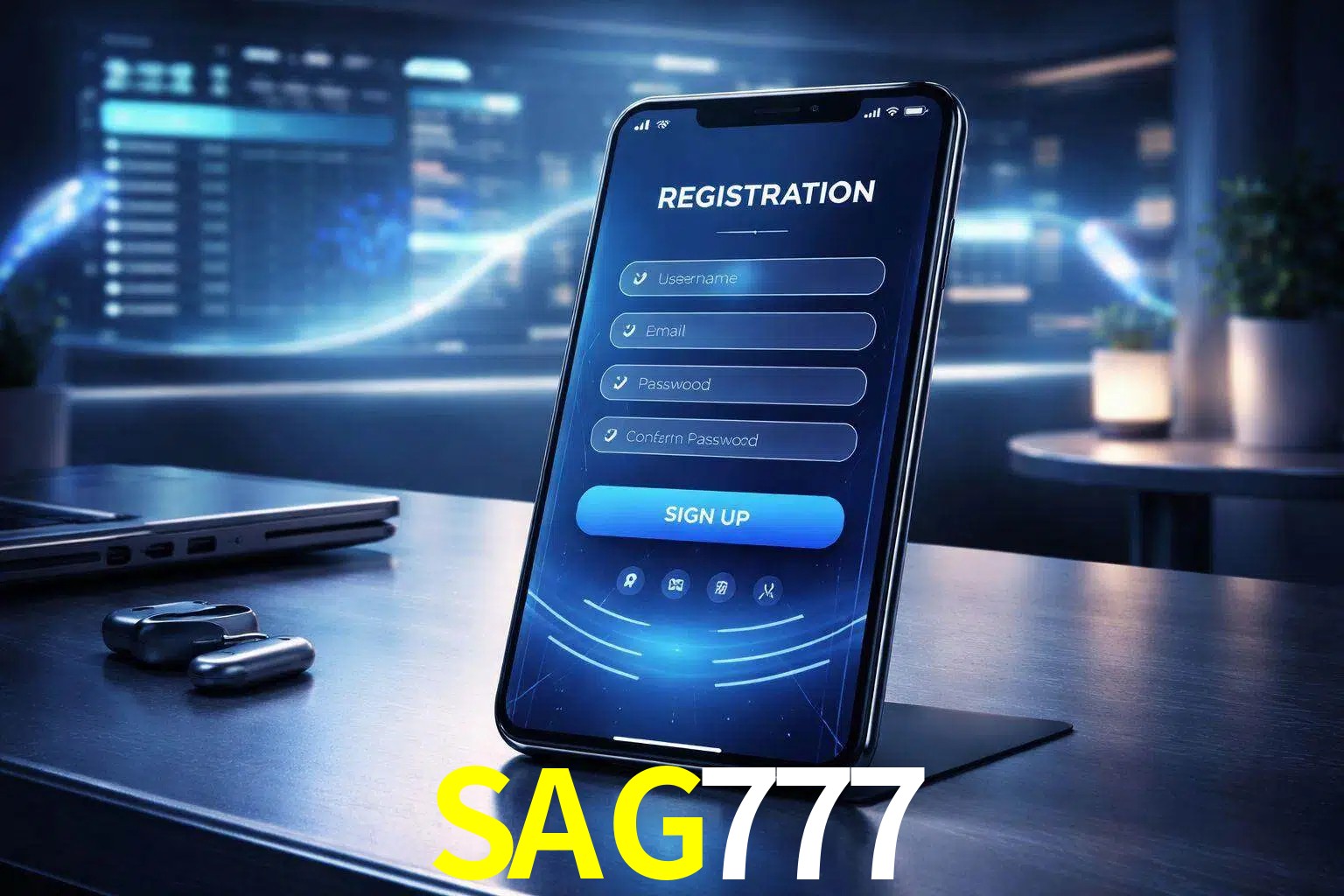 Una interfaz moderna de registro móvil para SAG777 mostrada en un smartphone con un panel de apuestas elegante.